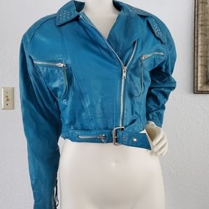 Vintage Retro M Studded Teal Fringe Leather Jacket